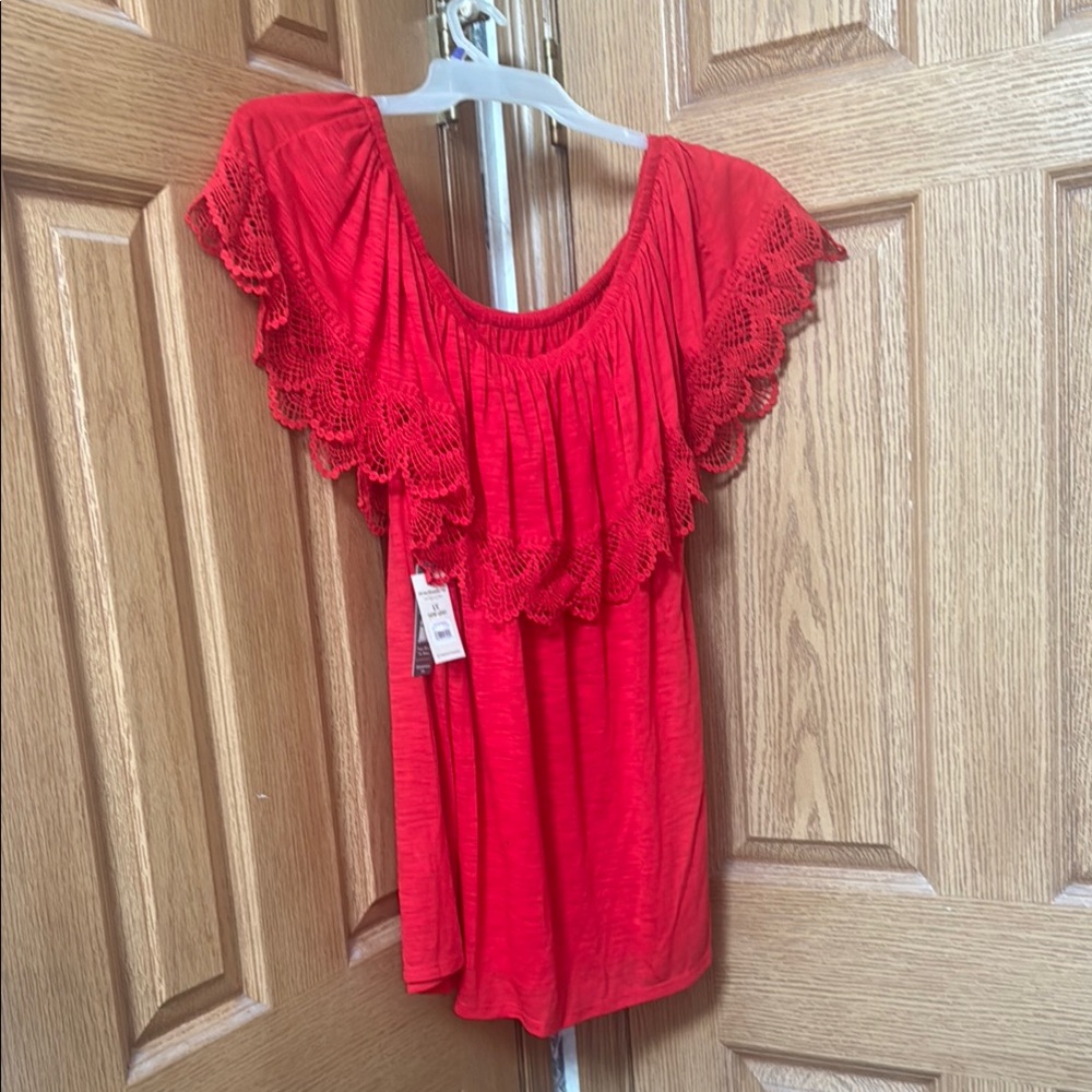 Red Lace Trim Women's Top